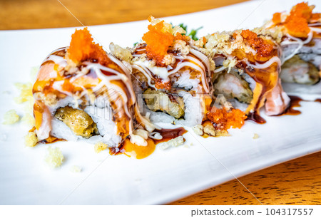 salmon roll sushi in Japanese restaurant, Japanese Food salmon roll sushi in Japanese restaurant, Japanese Food 104317557