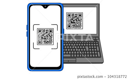 藍色智能手機嘗試讀取黑色筆記本電腦上顯示的二維條形碼 (QR) 104318772