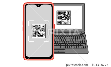紅色智能手機嘗試讀取黑色筆記本電腦上顯示的二維條形碼 (QR) 104318773
