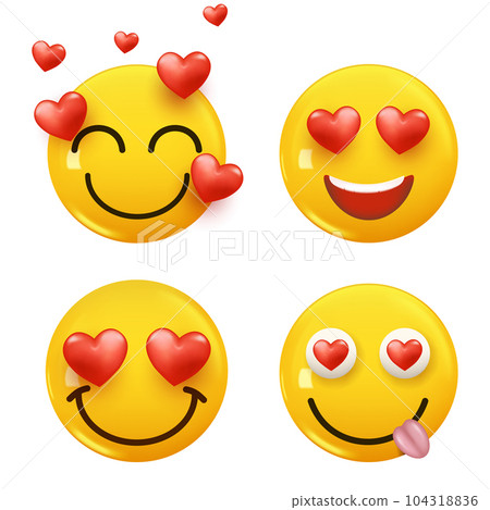 Set of 3d icon yellow color smile emoji with hearts. Set Icon Smile Emoji. Vector 104318836
