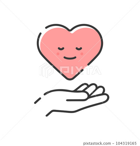 一個人手的線條畫圖標,手握著愛、同情和心理健康的微笑心臟形象 一個人手的線條畫圖標,手握著愛、同情和心理健康的微笑心臟形象 104319165