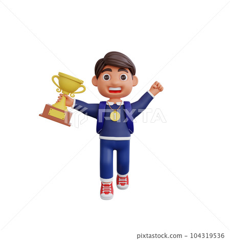 3d cute character champion get trophy and medal Back to school concept 104319536