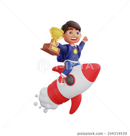 3d cute character champion get trophy and medal flying on a rocket Back to school concept 104319539