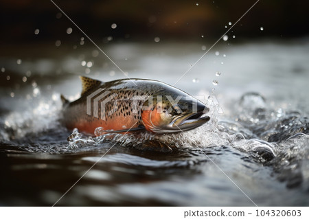 Salmon jumping out of the water in the river with splash water. Underwater animals. Illustration, Generative AI. 104320603