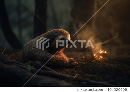 Image of sloth exhausted in the midst of wildfires and smoke. Wildlife Animals. Illustration. Generative AI. Image of sloth exhausted in the midst of wildfires and smoke. Wildlife Animals. Illustration. Generative AI. 104320606