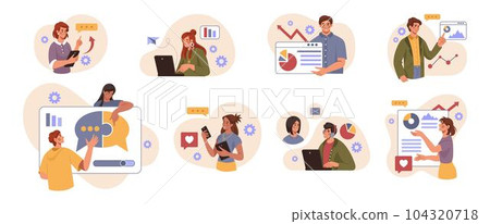 People team work. Business presentation. Study report. Research and develop from creative persons. Project teamwork. Workers showing infographics at whiteboard. Office employees. Vector tidy flat set 104320718