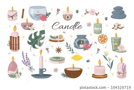 Fragrance candle. Spa and aromatherapy. Home soy wax. Scented coconut oil. Essential candlelight in glass or tin jar. Flower and stone. Wick flame. Isolated candlesticks set. Vector tidy illustration 104320719