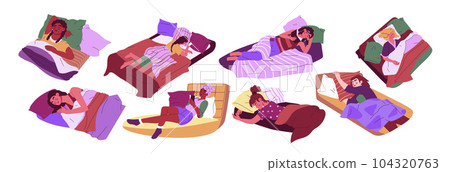 Sleep woman. Asleep cartoon flat style modern character, dream in comfortable bed, nap and snore in bedroom, sleepy child awake. Girl reading book or chatting online. Vector exact isolated graphic Sleep woman. Asleep cartoon flat style modern character, dream in comfortable bed, nap and snore in bedroom, sleepy child awake. Girl reading book or chatting online. Vector exact isolated graphic 104320763