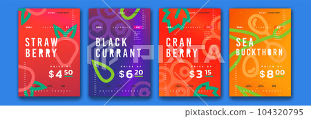 Studio poster. Geometry fruit cards. Abstract strawberry, cranberry and blackcurrant food patterns, creative flyer. Tropical discount offer, sale vertical banner. Vector exact creative background 104320795