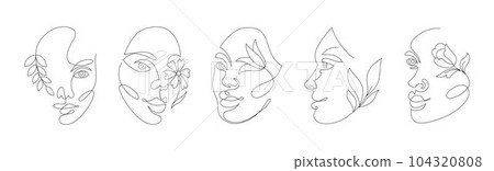 Woman line art faces. One outline girl silhouette for tattoo or print, single female black logo, floral feminine portrait. Beauty human minimal head with flowers vector tidy abstract floral sketch set Woman line art faces. One outline girl silhouette for tattoo or print, single female black logo, floral feminine portrait. Beauty human minimal head with flowers vector tidy abstract floral sketch set 104320808