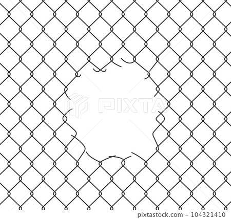 Broken wire mesh fence. Rabitz or chain link fence with cut hole. Torn wire pirson mesh texture. Cut metal lattice grid. Vector illustration isolated on white background 104321410