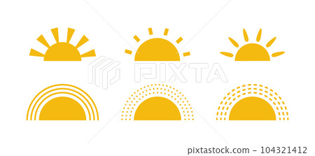 Yellow half sun icons set in flat style. Sunset simple graphic symbols. Summer heat icons. Half round solar element. Vector illustration isolated on white background 104321412