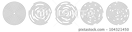 Circular ripple icons pack. Concentric circles with interrupted lines. Vortex, radio or sonar wave, soundwave, sunburst, pain, signal symbols isolated on white background 104321450