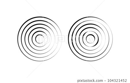 Circular ripples. Concentric circles with broken polka dot lines. Vortex, radio or sonar wave, soundwave, sunburst, signal icons isolated on white background 104321452