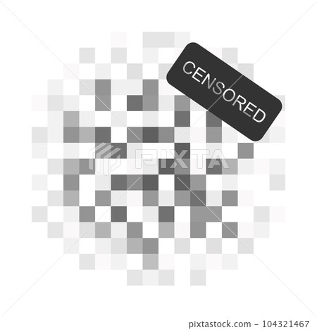 Round shaped pixel checkered mosaic texture with inscription censored. Gray censor blur effect pattern hiding prohibited content. Parental control, adult only, privacy concept 104321467