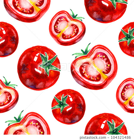 Watercolor hand drawn seamless pattern with red ripe tomatoes. eco food 104321486