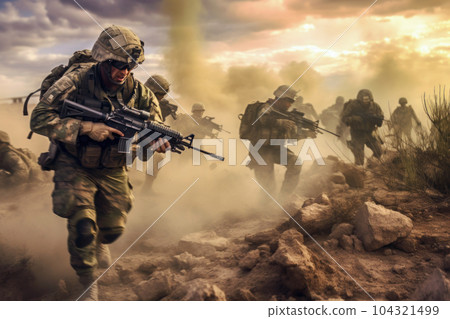 military soldiers fighting on the battlefield 104321499