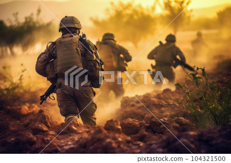 military soldiers fighting on the battlefield 104321500