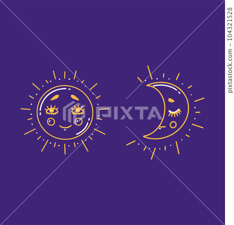Cute moon and sun. Hand drawn cartoon vector illustration. 104321528