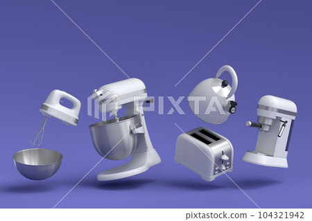 Espresso coffee machine, hand mixer, kettle and toaster on violet background. 104321942