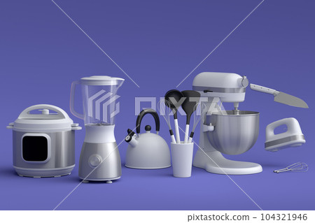 Kitchen appliances and utensils for making breakfast on violet background 104321946