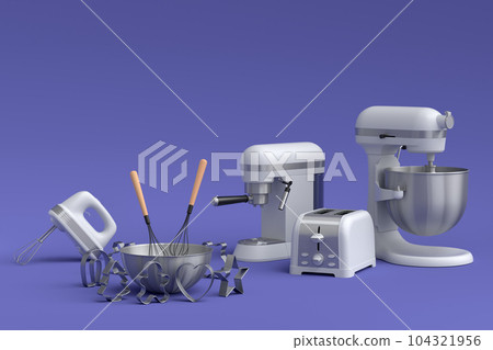 Mixer and bowl with kitchen utensil for preparation of dough on violet 104321956