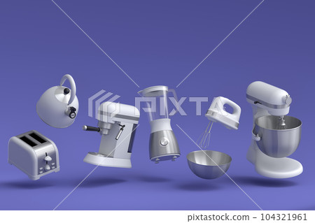 Electric kitchen appliances and utensils for making breakfast on violet 104321961