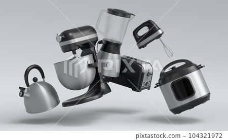 Kitchen appliances and utensils for making breakfast on white background 104321972