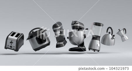 Kitchen appliances and utensils for making breakfast on white background Kitchen appliances and utensils for making breakfast on white background 104321973