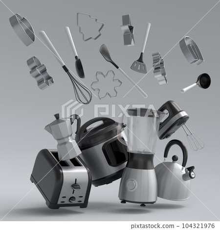 Espresso coffee machine, hand mixer, kettle and toaster on white background. 104321976