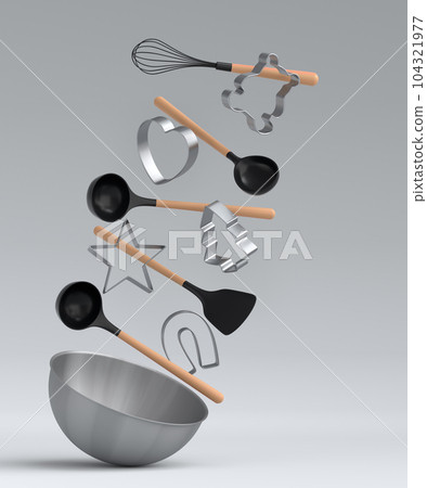 Metal bowl with bowl and cookie cutters on white background Metal bowl with bowl and cookie cutters on white background 104321977