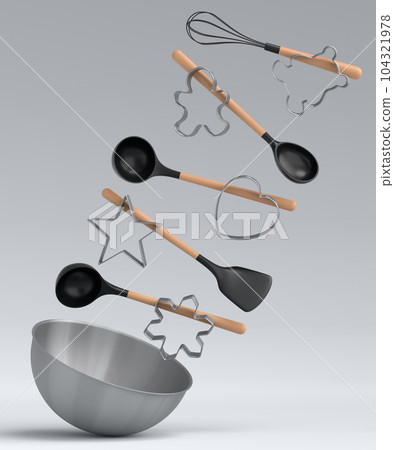 Metal bowl with bowl and cookie cutters on white background 104321978