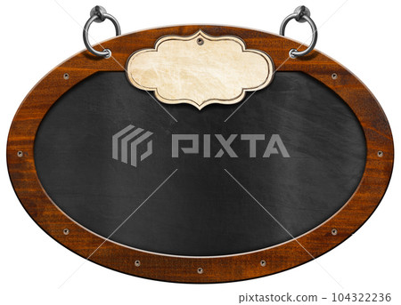 Blank Blackboard with Oval Wooden Frame and Empty Label 104322236