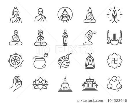 Buddhism icon set. It included monk, Buddha, Buddhist, temple, and more icons. Editable Vector Stroke. 104322646