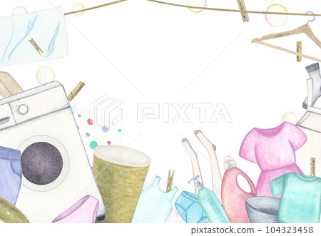 Laundry. Frame with washing machine, basket, basin, washing gel, powder, soap, linen and clothes, hanger and clothespins. Watercolor illustration on a white background. Hand drawn. For postcards 104323458