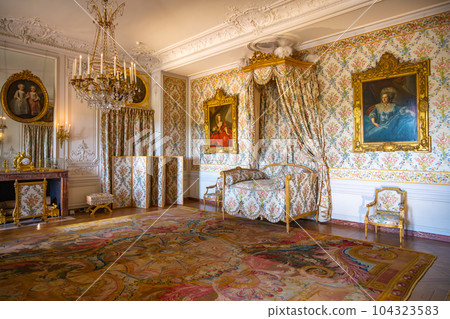 Louis XV daughters Apartments - Chamber of Madame Victoire. Decorated interior with historical furniture and architectural details of Chateau Versailles near Paris, France Louis XV daughters Apartments - Chamber of Madame Victoire. Decorated interior with historical furniture and architectural details of Chateau Versailles near Paris, France 104323583