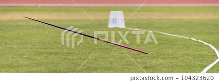 Javelin in field, stuck in the grass, javelin speared into the ground 104323620