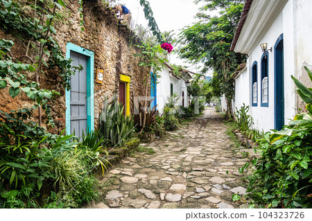 Fire street, Rua do Fogo at Paraty, Brazil with colonial houses and streets 104323726
