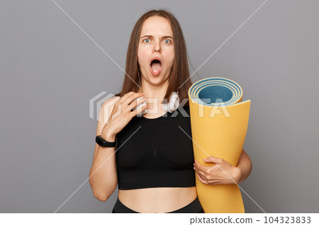 Scared Shocked Woman Isolated On Gray Background Stock Photo