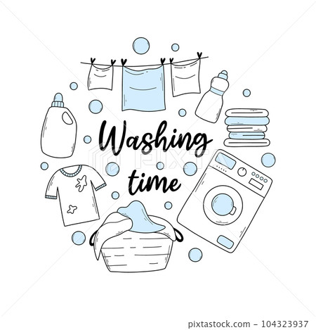 Set of laundry items in doodle style. Linear collection of laundry items. Vector illustration. Isolated elements on a white background. 104323937