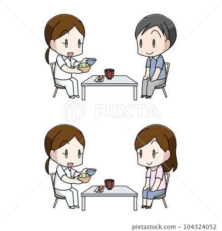 Illustration of male and female adults receiving nutritional guidance 104324052