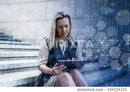 Business analytics and technology analysis concept. A manager uses a computer to analyze financial and economic affairs. 104324105