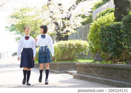Junior high school girls walking while talking Junior high school girls walking while talking 104324131