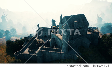 Beautiful drone view of the old castle with park on the hill Beautiful drone view of the old castle with park on the hill 104324171