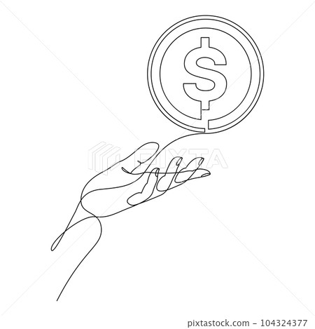 Continuous single line drawing of hand holding dollar coin. Currency, finance and business concept drawn in one line art. Vector illustration. Continuous single line drawing of hand holding dollar coin. Currency, finance and business concept drawn in one line art. Vector illustration. 104324377