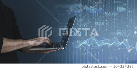 Business analysis platform banner background. Man and laptop on background financial business center. Analytics, exchange, platform concept. 104324385