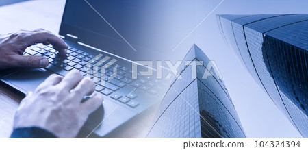 Business analysis platform banner background. Man and laptop on background financial business center. Analytics, exchange, platform concept. Business analysis platform banner background. Man and laptop on background financial business center. Analytics, exchange, platform concept. 104324394