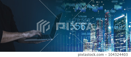 Business analysis platform banner background. Man and laptop on background financial business center. Analytics, exchange, platform concept. Business analysis platform banner background. Man and laptop on background financial business center. Analytics, exchange, platform concept. 104324403