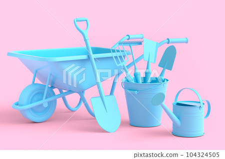 Garden wheelbarrow with garden tools like shovel, rake and fork on monochrome 104324505