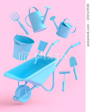 Garden wheelbarrow with garden tools like shovel, rake and fork on monochrome Garden wheelbarrow with garden tools like shovel, rake and fork on monochrome 104324506
